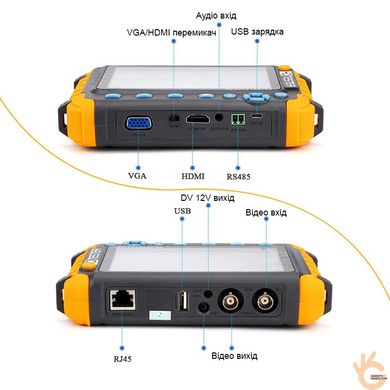 Тестовий монітор 5” Pomiacam 8W, тест камер до 8 Мп 4в1: AHD+TVI+CVI+CVBS, AV+HDMI+VGA+RJ45+RS485 входи