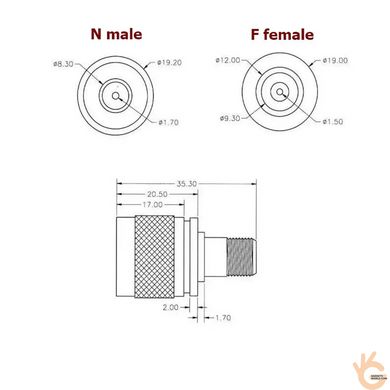 N male перехідник у F female Unitoptek Nm/Ff, для підключення RF кабелю та антен
