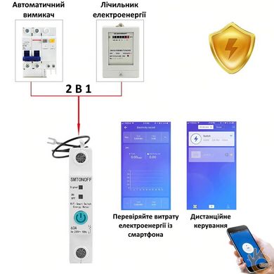 WiFi автоматический выключатель + счётчик электро энергии, автомат защиты E-Link 1PU, 1-полюс 220В 63А