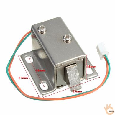 Электрозащёлка для двери с питанием 12V, управляемая через домофон или GSM открыватель замков, с размерами 27x29x18мм