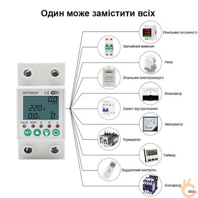 Розумний WiFi лічильник електроенергії + автомат захисту регульований E-Link SMT2, однофазний 250В 63А
