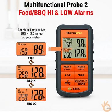 Термометр беспроводный профессиональный, 2 щупа, ThermoPro TP-08C, 0~+300°C, до 150м, таймер, сигнал, 2 х LCD