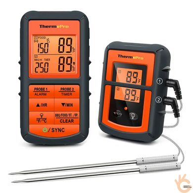 Термометр бездротовий професійний, 2 щупи, ThermoPro TP-08C, 0~+300°C, до 150м, таймер, сигнал, 2х LCD