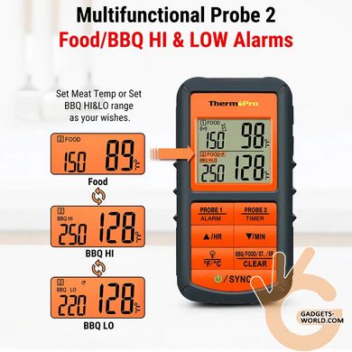 Термометр беспроводный профессиональный, 2 щупа, ThermoPro TP-08C, 0~+300°C, до 150м, таймер, сигнал, 2 х LCD