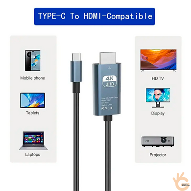 Кабель-конвертер Type-C 3.1 HDMI 4K 60Гц 2м KENVS HD-C для подключения смартфона или планшета к TV, проектору