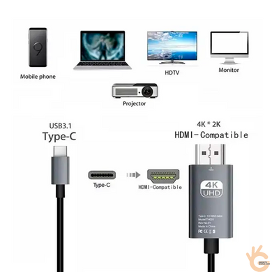 Кабель-конвертер Type-C 3.1 HDMI 4K 60Гц 2м KENVS HD-C для подключения смартфона или планшета к TV, проектору