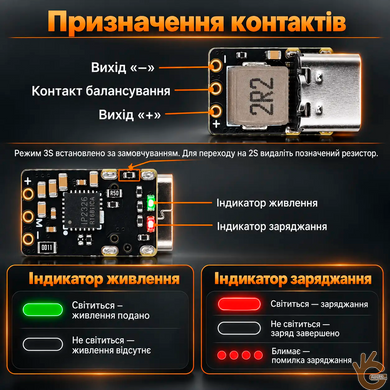 Мініатюрний модуль заряджання Li-Ion акумуляторів 2&ndash;3S KANDO C23, струм до 2 А, USB Type-C, підтримка PD