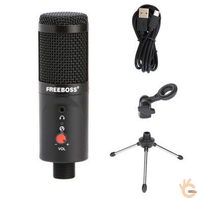 Мікрофон USB для блогерів і діджеїв FREEBOSS W03 цифрова якість, вихід для навушників + тринога в подарунок